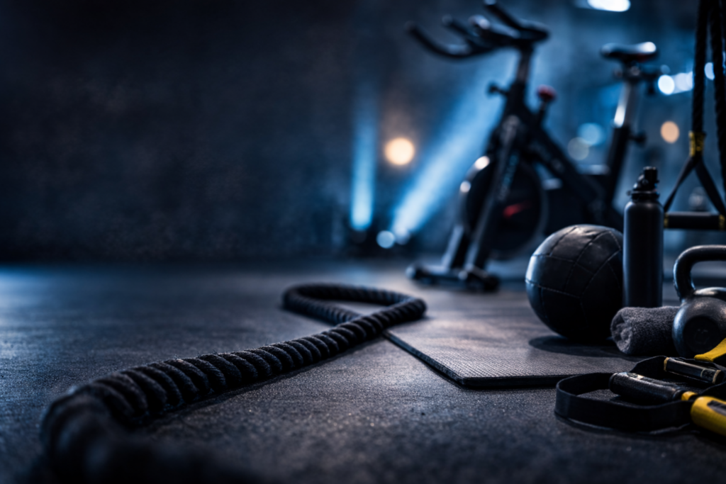 Indoor fitness studio space used for spin and group training