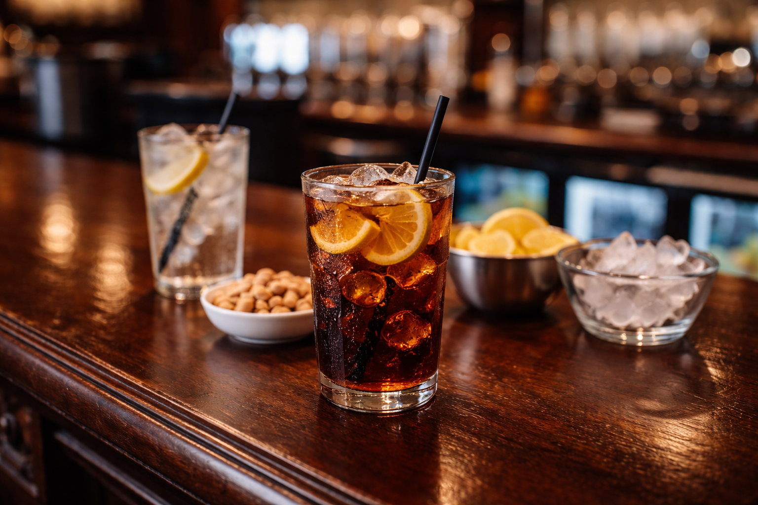 Soft drinks on bar counter inside club bar